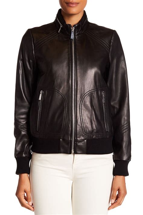 michael kors leather bomber jacket women|mk long jacket.